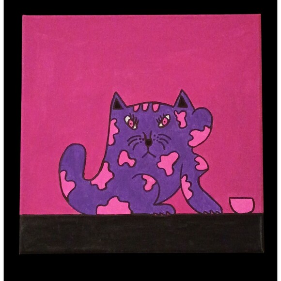 Handpainted Pink And Purple Cat And A Bowl Original Acrylic Painting On Canvas